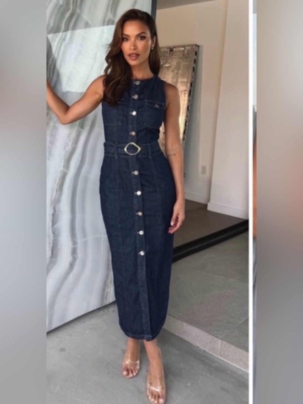 Zara Dark Indigo Denim Button-Front Maxi Dress with Belt